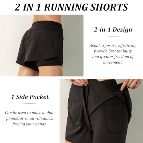 2 in 1 Running Shorts Womens,Quick Dry Womens Running Shorts with Phone Pocket,Ladies Workout Athletic Training Jogging Gym Yoga Shorts with Liner for Women - Image 4