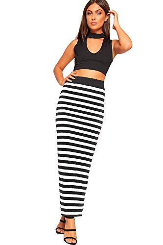 Image of WearAll Women's Multi Print Elasticated High Waist Stretch Maxi Long Skirt Ladies New - Horizontal Stripe - 12-14
