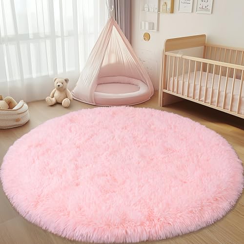 Round Fluffy Pink Rug for Bedroom, 4Ft Fuzzy Shag Circle Area Rug for Girls Kids Room Nursery, Soft Non Slip Plush Carpet for Dorm Living Room Home Decor