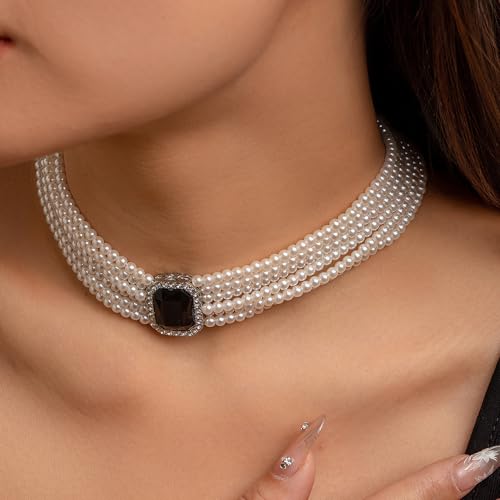 Women Boho Multilayer 1920s Rhinestone Necklaces Green Red Dainty Pearls Layered Choker Necklaces Black Fashion Chunky Pendant Adjustable Layering Chain Necklaces for Women2