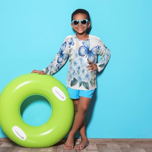 Boys Rash Guard Swim Shirt Long Sleeve UPF+ 50 Sun Shirts Quick Dry Shirt Blue Butterfly and Floral for Toddler Kids4