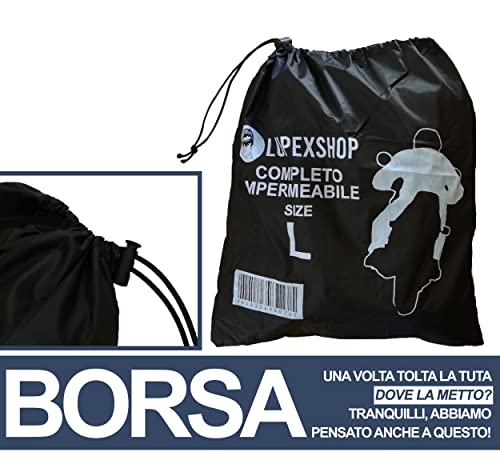 Auto Accessori Lupex - Regenanzug Wasserdichter winddichter, Größe M, Farbe schwarz, Set aus Regenjacke und Regenhose mit einziehbare kapuze, mit Tragetasche, Unisex Mann Frau