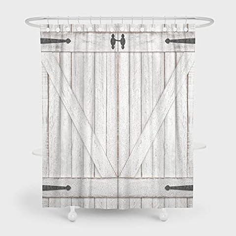 Rustic Wooden Plank Shower Curtain, Farmhouse Wood Barn Door Shower Curtains Liner Set, Old White Wooden Shower Curtains Bathroom Curtain with Hooks 72x72inch Cover