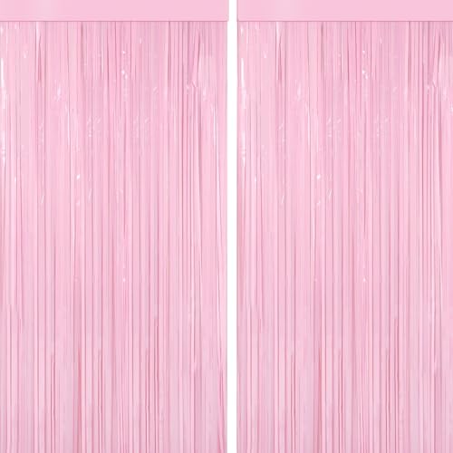 Image of 4 Packs Pastel Pink Foil Fringe Curtain, Baby Pink Metallic Tinsel Backdrop for Birthday, Wedding, Baby Shower, Princess Bachelorette Cowgirl Bow Party Decorations Supplies