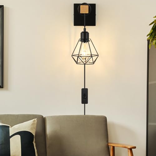 Aplique de pared E27 con enchufe e interruptor de madera retro para salón negro 6