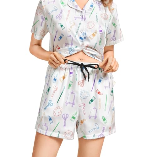 Image of Funny Pajamas for Women Set Print Satin Loungewear Pjs Short Sleeve Button Down Top and Shorts Sets Sleepwear XS-3XL