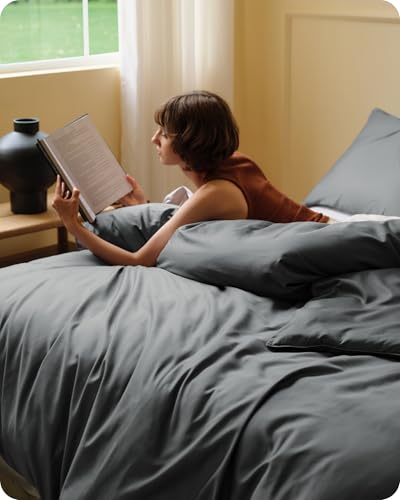 Image of Bedsure Cooling Duvet Cover Queen Size, Cotton & Viscose Derived from Bamboo Duvet Cover Set, PureWoven Ultra-Soft, Breathable & Lightweight Home Bedding for All Seasons (Dark Grey,90 inchx90 inch)