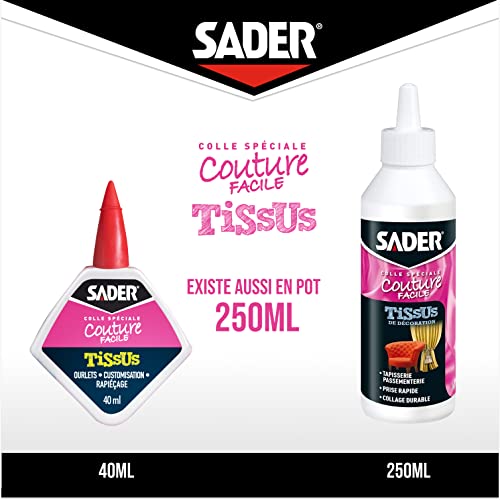 Sader Colle Spéciale Couture "Finis les Ourlets" – Colle Tissus et Textiles : Jeans, Cuir, Coton, etc – Ourlets, Customisation, Rapiéçage – Résiste aux Lavages – Flacon 40 ml
