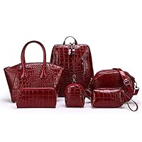 Poopy Patent Leather 6 Pcs Women Backpack+Handbag+Shoulder Bag+Wallet+Clutch+Small Bag Crocodile Pattern Top-Handle Purse