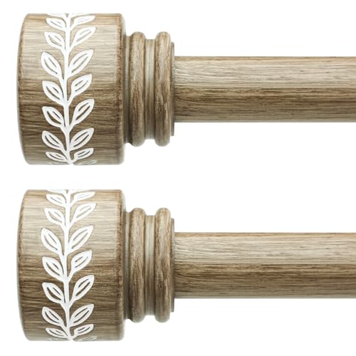 QDWIS 2 Pack Imitation Weathered Wood Grain Curtain Rods for Windows 48 to 84 inch 1" Modern Adjustable Heavy Duty Curtain Rod Boho Decorative Drapery Rods Set for Living Room Bedroom Rustic Outdoor