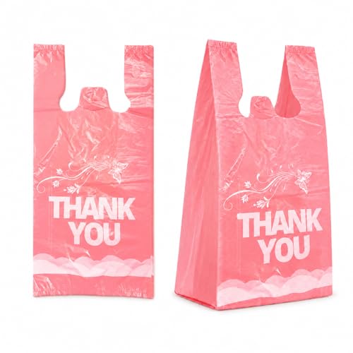YoYoRain 800 Count Pink Thank You T-Shirt Bags, 11 x 6 x 21 in | Durable HDPE with handles, Thank You print, disposable carryout sacks for grocery, retail and takeout