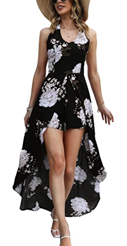 Image of Kormei Womens Scoop V Neck Halter Backless Floral Rayon Party Split Maxi Romper Dress XL 03-Black /White Floral