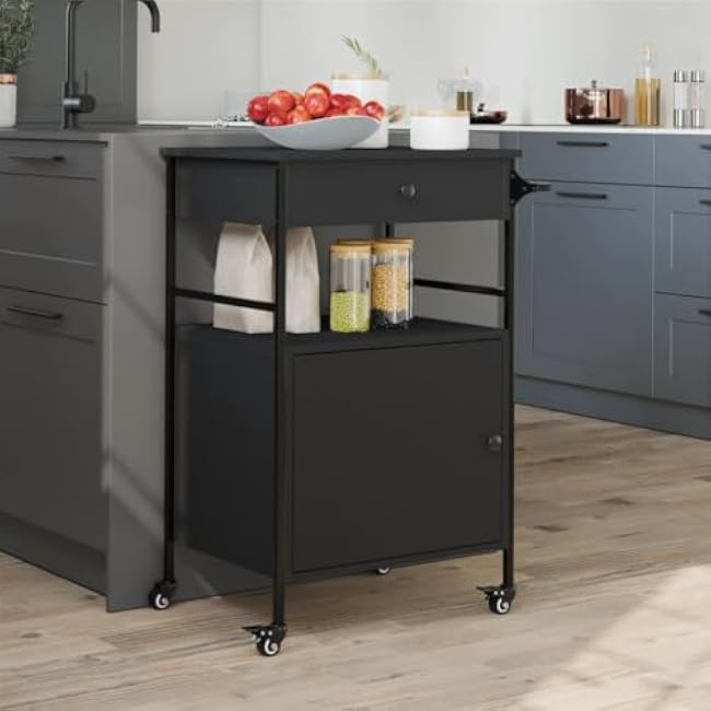 Vintage Style Kitchen Trolley with Ample Storage Space, Durable Engineered Wood & Steel Frame, Lockable Wheels for Flexible Movement and Stable Placement-b3MnSMQi