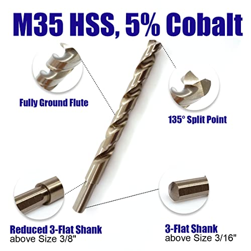Jefe Hex 29 SET-JH707029-COBALT 29 Pcs M35 Cobalt Drill Bit Set, Hss Twist Jobber Drill Bits With 135 Degrees Split Point And Three-Flat Shank, 3/8 Inch Reduced Shank, Gold Oxide Metal Drill Bits Set thumb #1