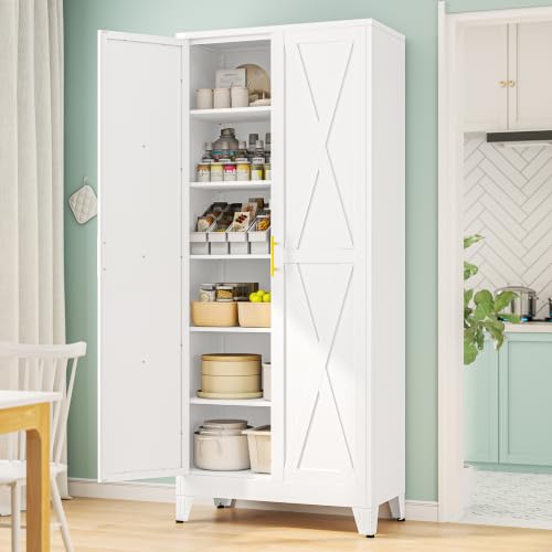 Image of PAOFIN 75 inch H Tall Kitchen Storage Cabinet with Doors | Freestanding Pantry Cabinet,Farmhouse Food Storage Cabinets,Tall Cabinets for Kitchen, Dining Room, Living Room(White)