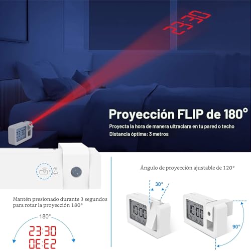 Miniatura 3 de Chereeki Reloj Despertador Proyector, Despertador Proyección Digital, Reloj Proyector Techo Con Temperatura Interior Fecha, Repetición