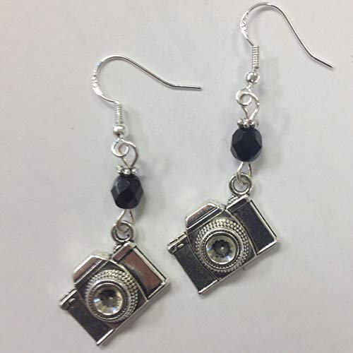 Camera or Photography or Photographer Themed Earrings, comes with a faceted jet black
