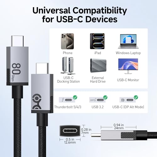 Image of Cable Matters 80Gbps Rugged Braided USB4 Cable, 1ft / 0.3m, Black | [8K@120Hz / 4K@480Hz Video, 240W Charging, 80Gbps Data Transfer], Thunderbolt 5 /4 Compatible