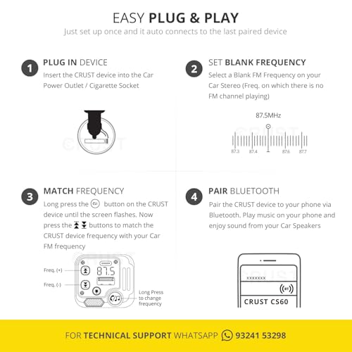 Image of CRUST CS60 Car Bluetooth Receiver Device for Music System, FM Transmitter, Big Mic for Hands-Free Calling, 45W PD /USB Fast Car Charger, BT v5.3, Music-Sync Lights, USB MP3 Playback, Metal Rim Design