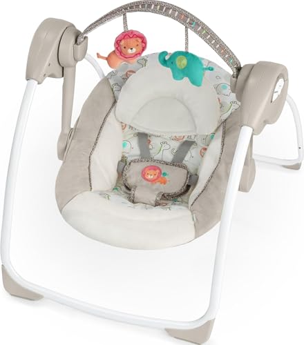 Image of Ingenuity Soothe 'n Delight Compact Portable 6-Speed Plush Baby Swing with Music, Folds Easy, 0-9 Months 6-20 lbs (Cozy Kingdom)