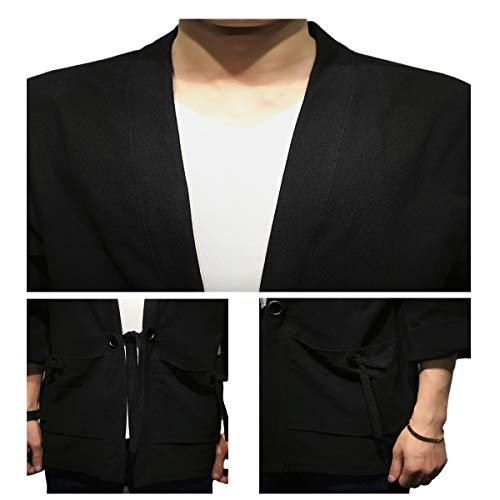 Image of Mens Kimono Cardigan Cotton Linen Japanese Shirt 3 /4 Sleeve Haori Yukata | Skin-Friendly Solid Color Lightweight Shawl Collar Kimono Robe Embroidery Button Tie Pockets Happi Coat All Season Daily Wear
