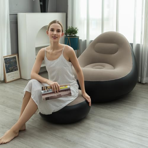 Image of Inflatable Air Sofa Chair with Ottoman Set, Comfortable Lounge Seat, Beige and Black, Indoor Use