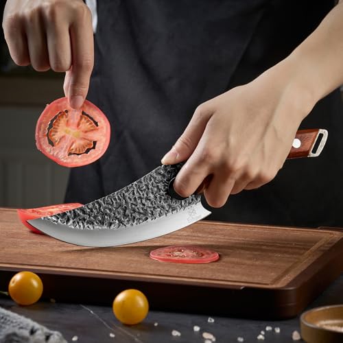 Image of Viking Chef Knife with Premium Leather Sheath - Japanese Kitchen Knife for Meat Cutting, BBQ, Camping, Cooking, Ergonomic Handle Gift for Men