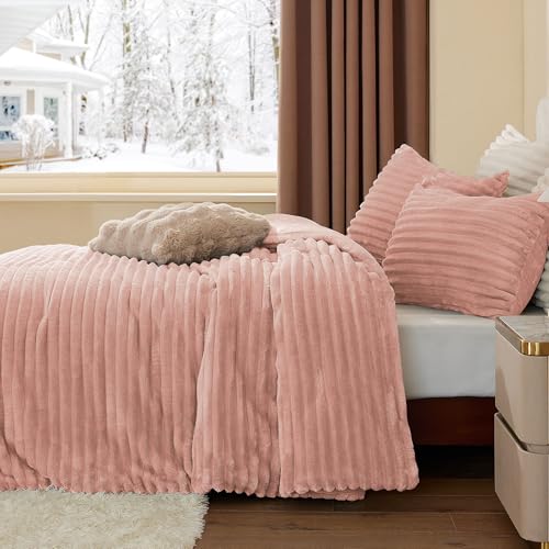 BEDELITE Fleece Queen Comforter Set, Fluffy Bed Set, Dusty Pink