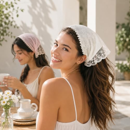 NUOM Lot de 2 Foulards Triangle en Dentelle pour Cheveux Femme, Bandanas Ajustables Blanc et Rose, Bandeaux Vintage Bohème en Maille Florale pour Coiffure, Plage, Festival, Photo et Usage Quotidien – vue 3