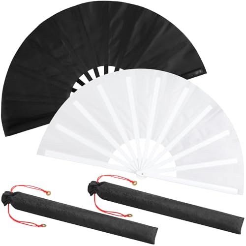 Maitys 2 Packs Large Folding Hand Fans 13'' Chinese Handheld Fan Large Clap Fans for Line Dancing, Tai Chi, Festival, Kung Fu, Martial Art, Gift, Includes 2 Pouch (Black and White)