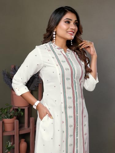 Image of rangita Off White Rayon Calf Length Printed A-line Kurti for Women | Kurta for Women