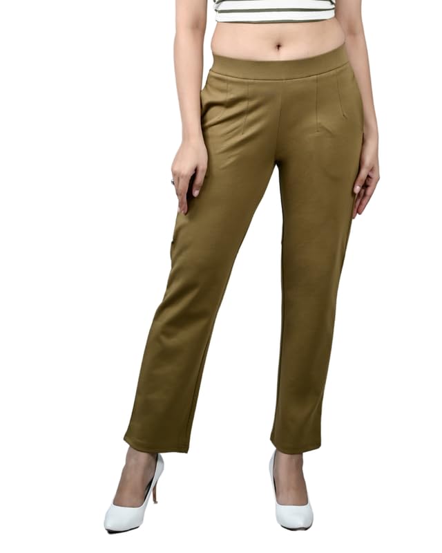 Image of Mlada Straight Fit Cigarette Pencil Pants Elastic Waist Band Mid High Waist Formal Office Trousers for Women, Pockets for Travel Stretch Cotton Knit Full Length Regular /Plus Size