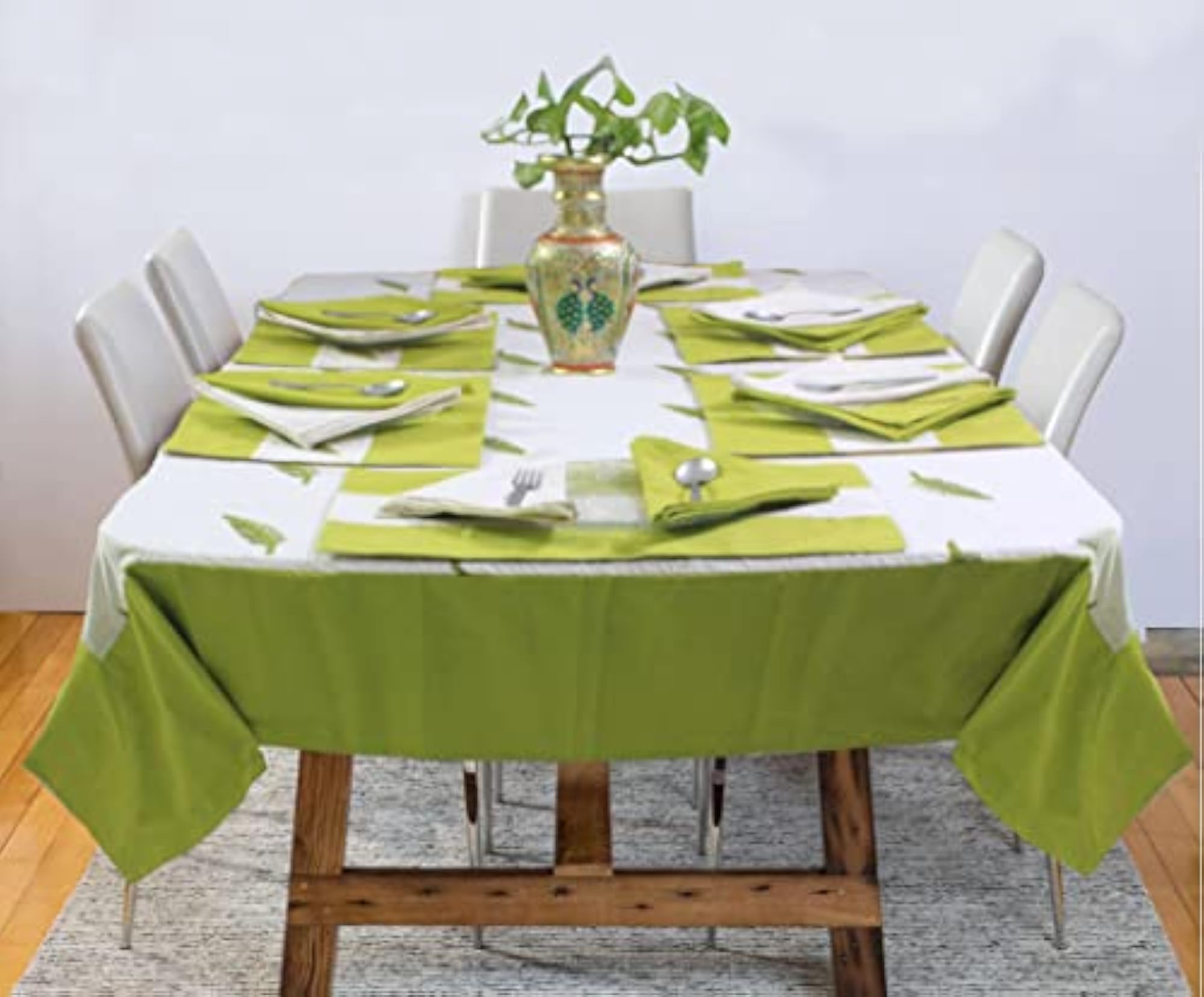 Cotton Adornado Leaf Embroidery Rectangle Table Cover with Place Mat & Napkins