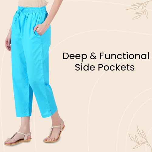 Image of Happy Bunny Parallel Pants for Women 100% Cotton Ankle Length Trousers Regular Fit with Elastic Drawstring Stylish & Pockets Casual Formal Wear for Office & Home