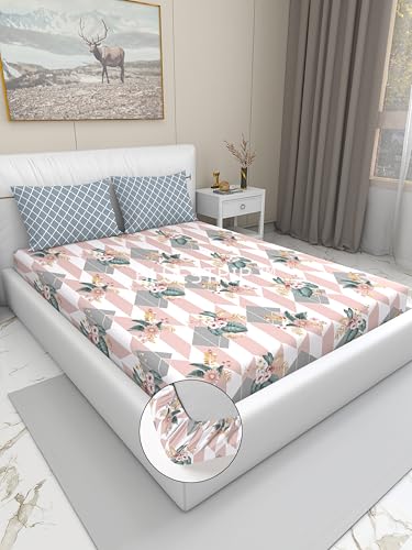 Image of Blue Strip 300 TC Cotton Feel Glace Cotton Elastic Fitted Printed King Size Double Bed Bedsheet with 2 Pillow Covers Fits Upto 9 Inches, Size 72x78x10 Inches
