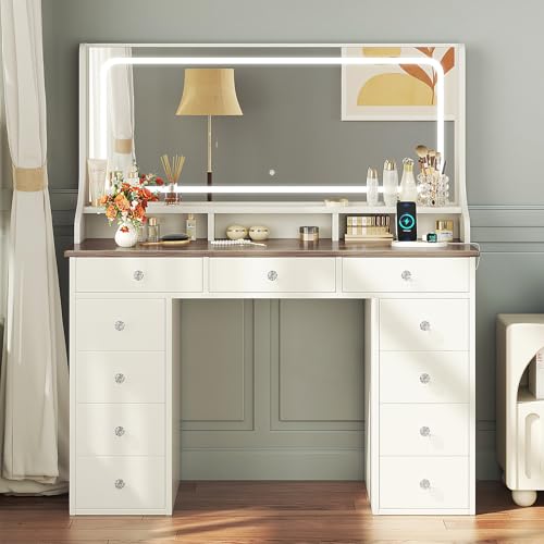 Dripex Schminktisch mit Beleuchtung, Vanity Desk mit 11 Schubladen, 110cm großer LED-Spiegel und Steckdose, Verstellbare Helligkeit, Moderner Schminktisch für Schlafzimmer und Ankleidezimmer, weiß