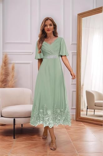 Tea Length Mother of The Bride Dresses for Wedding V Neck Lace Chiffon Formal Evening Dresses with Sleeves2