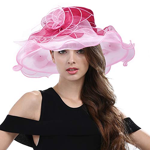 Women's Fascinators Wide Brim Sun Hat for Kentucky Derby, Church, Wedding, Tea Party, Royal Ascot, Easter (Burgundy/Pink) - Thumbnail 6