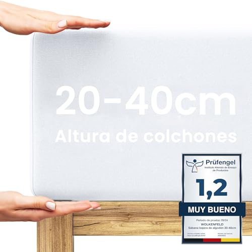 Wolkenfeld Sábana Ajustable para Cama Boxspring 180x200cm hasta 200x220cm - hasta 40cm de Altura de colchón - Sábana de algodón Premium 180x200 180x220 200x200 para Camas Boxspring - Blanco