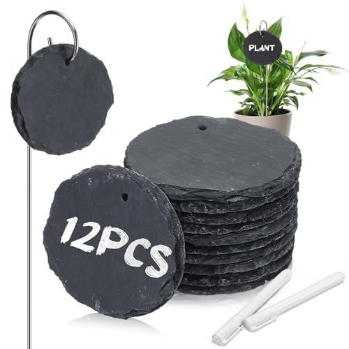 Colingmill 12 Sets Plant Labels Slate Plant Tags Garden Sign Marker Weatherproof Reusable Natural Slate Garden Sign Hanging Tag with Metal Stake and Pen for Outdoor Flower Vegetable(Oval)