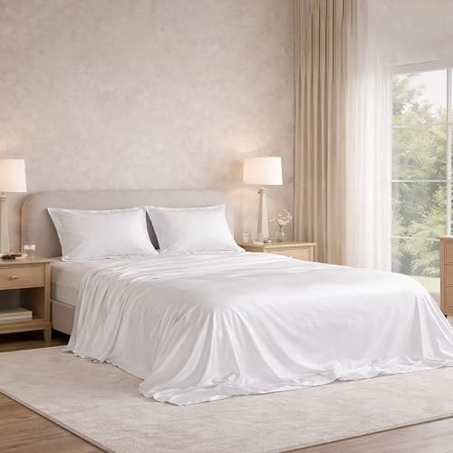 Image of Filbert Satin Bedsheet with 1 Pillow Cover | 60x90 in |300 TC | Midnight Luxe Satin Dreams Collection for Single Bed | UltraSatin Premium Bedding Set | White