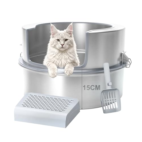 Stainless Steel Cat Litter Box with Lid, Extra Large 30CM High Side Round Metal Litter Pan with Litter Scoop & litter box step, Durable, Odor Control, Easy Clean for XL Big Cats & Multi-Kitty ROMSP-47