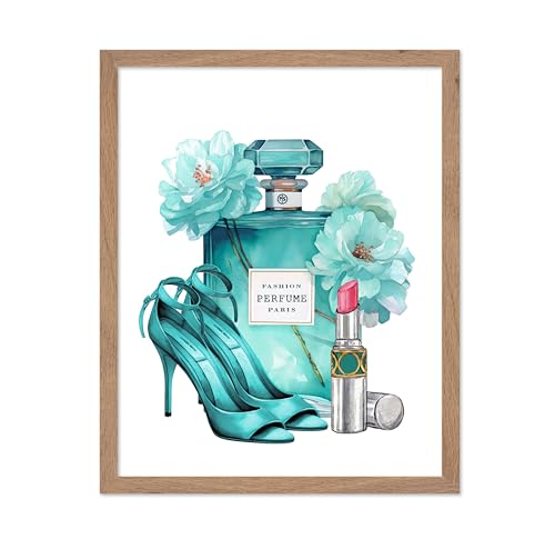 Image of Poster Master Turquoise Blue Designer Print - Fashion Poster - Shoes, Lipstick & Perfume Art - Chic Gift for Women & Fashionista - Glam Decor for Bedroom or Girl's Room - 11x14 Beige Framed