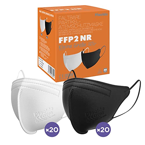 Placide® 40x Petite Taille FFP2 Couleur, Certifié CE 0598 BFE > 95%, 5 Couches, Mini Masque, Respiratoires, Pour Petit Visage, Emballage unique, 40 pièces (Noir Blanc) Cover
