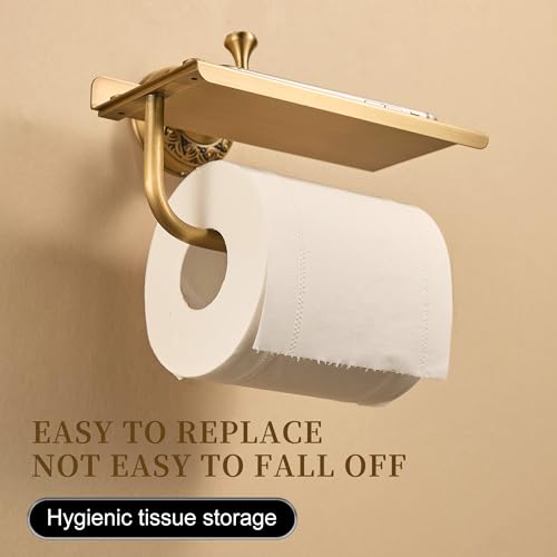Image of Wall Mounted Bathroom Toilet Paper Holder with Storage,Roll Tissue Holder Antique Brass Pattern Carving,Brushed Bronze