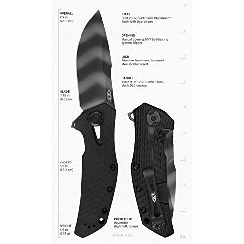 Zero Tolerance 0308Blkts, Drop Point Pocket Knife, 3.75-In. Blade, Manual Kvt Ball Bearings Opening, Titanium Frame Lock , Black #TOP2