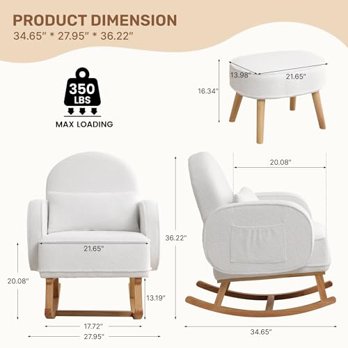 Image of Rocking Chair Nursery with Ottoman, Upholstered Glider Rocker with High Backrest and Side Pocket, Rocking Accent Armchair with Solid Wood Legs for Nursery /Living Room /Bedroom White