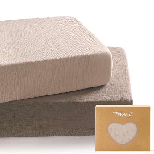 Image of TILLYOU 2 Pack Muslin Crib Sheets for Boys and Girls, 100% Cotton Fitted Crib Sheet for Toddler 52x28 Standard Crib Mattress, Grey Brown and Light Brown