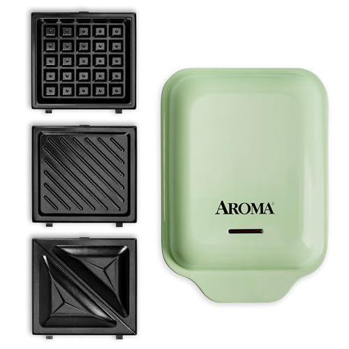 AROMA® 3-in-1 Panini Press, Sandwich Grill, and Waffle Maker with Removable Ceramic Coated Plates