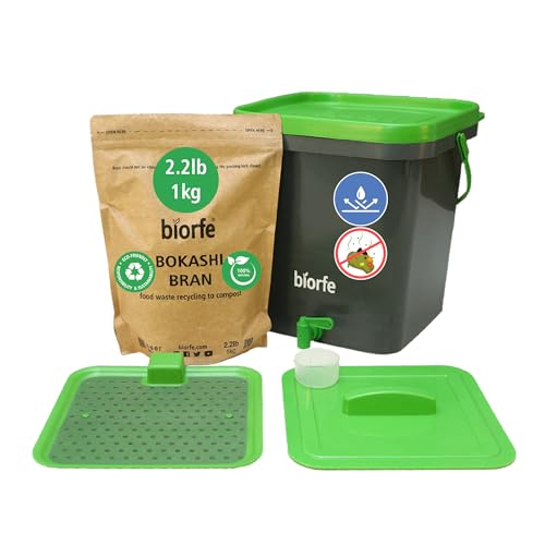 Biorfe Bokashi - Kit per compost per tutte le stagioni, compostaggio per principianti, bidone da cucina Bokashi, contenitore per compostaggio con crusca di compost da 1 kg, riciclatore alimentare per